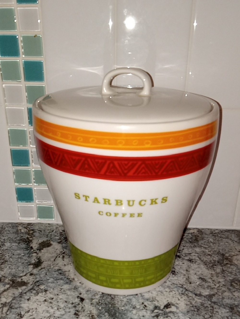 Starbucks White Ceramic Coffee Canister with Green, Red & Orange Bands 2005